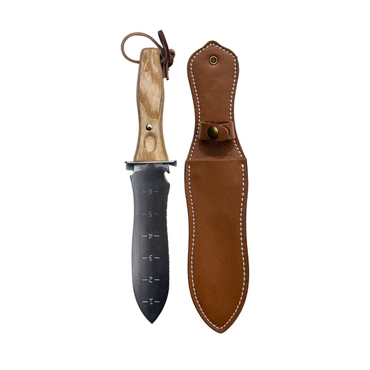STAINLESS STEEL DIGGING KNIFE WITH WOODEN HANDLE AND SHEATH. - SSWDK