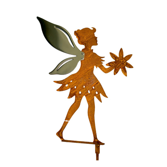 RUSTIC METAL STAKE - GARDEN FAIRY WITH FLOWER - SA19B
