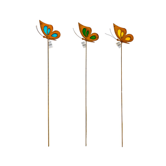 RUSTIC COLOURFUL BUTTERFLY GARDEN STAKE (12 PER SET - 4 OF EACH COLOUR) - SA41