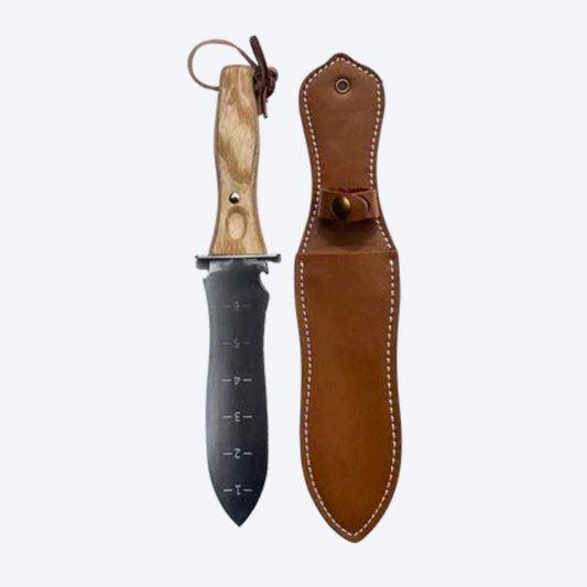 STAINLESS STEEL DIGGING KNIFE WITH WOODEN HANDLE AND SHEATH. - SSWDK